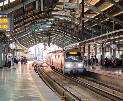 New Delhi / India - September 19, 2019: Train arrives at metro station of Delhi Metro system